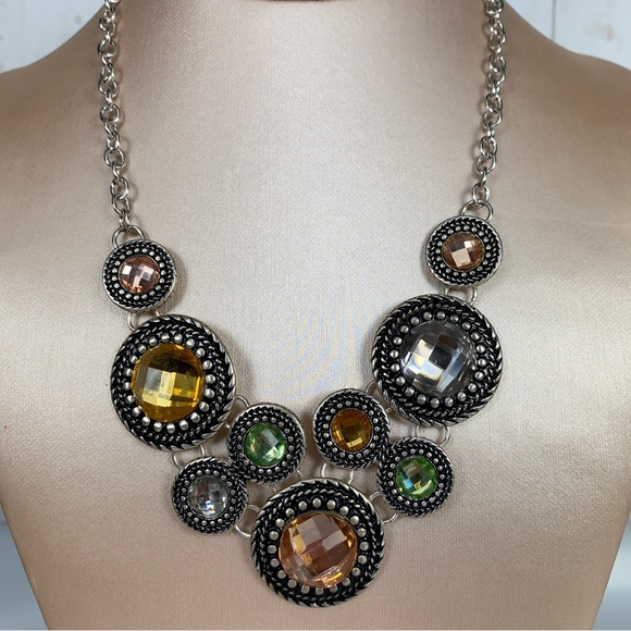 Premier Designs Necklace Circles Multicolored Silver Tone Statement Bib Boho - Picture 2 of 6